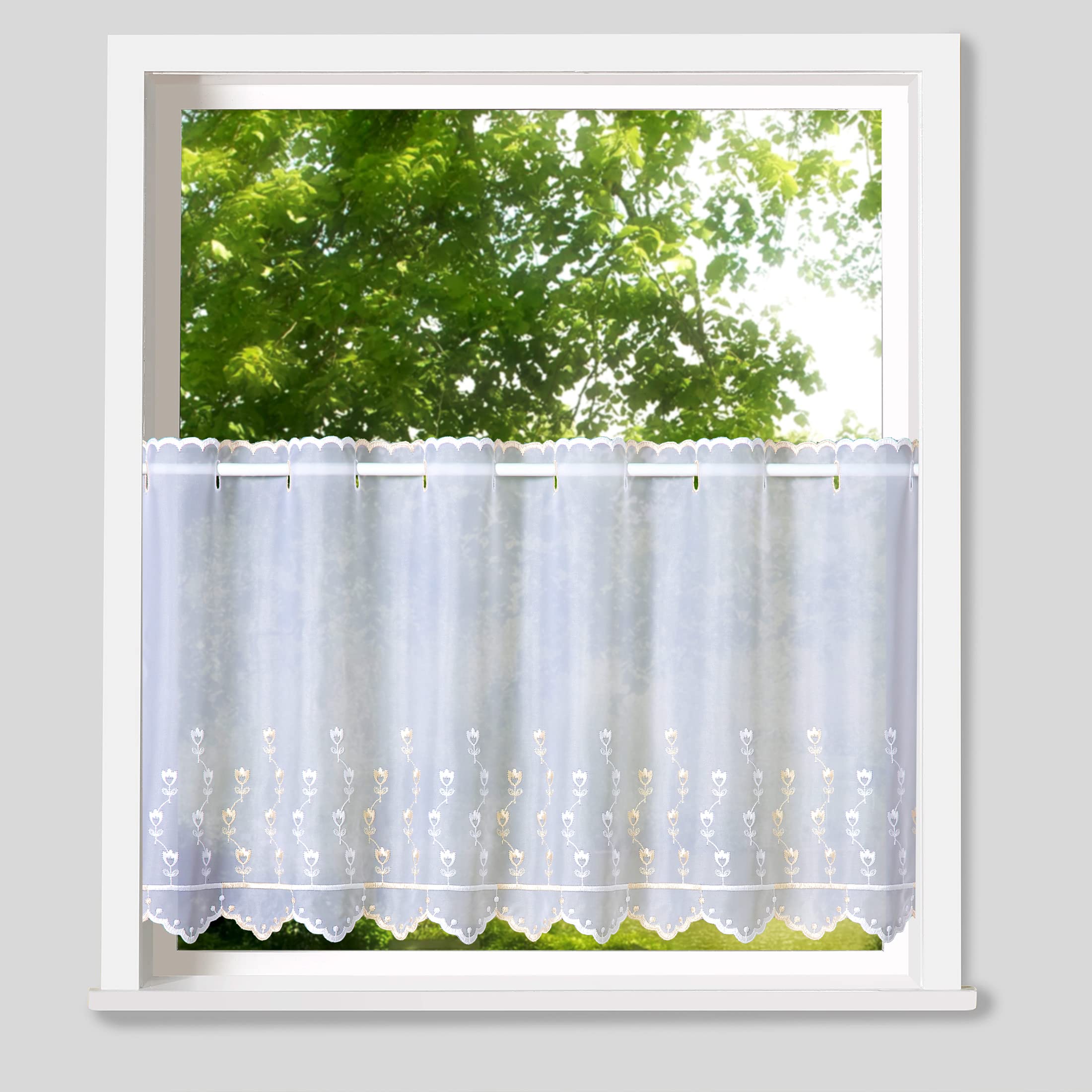 heimtexland Tulpe Typ818 Scheibengardine 45x148 Weiß-Ecru transparent