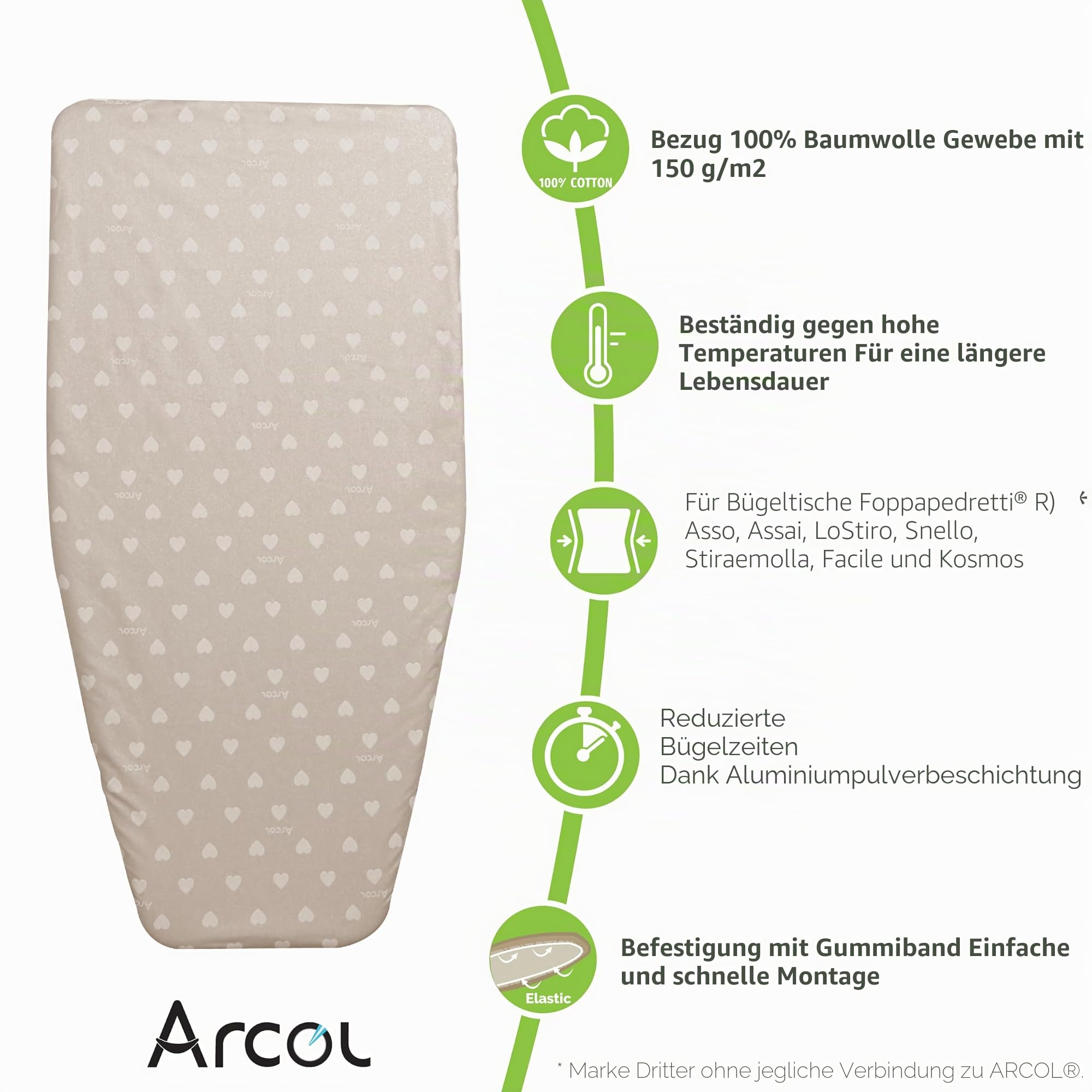 ARCOL Copertina Bügelbrettbezug 101x49cm Weiße Herzen Baumwolle