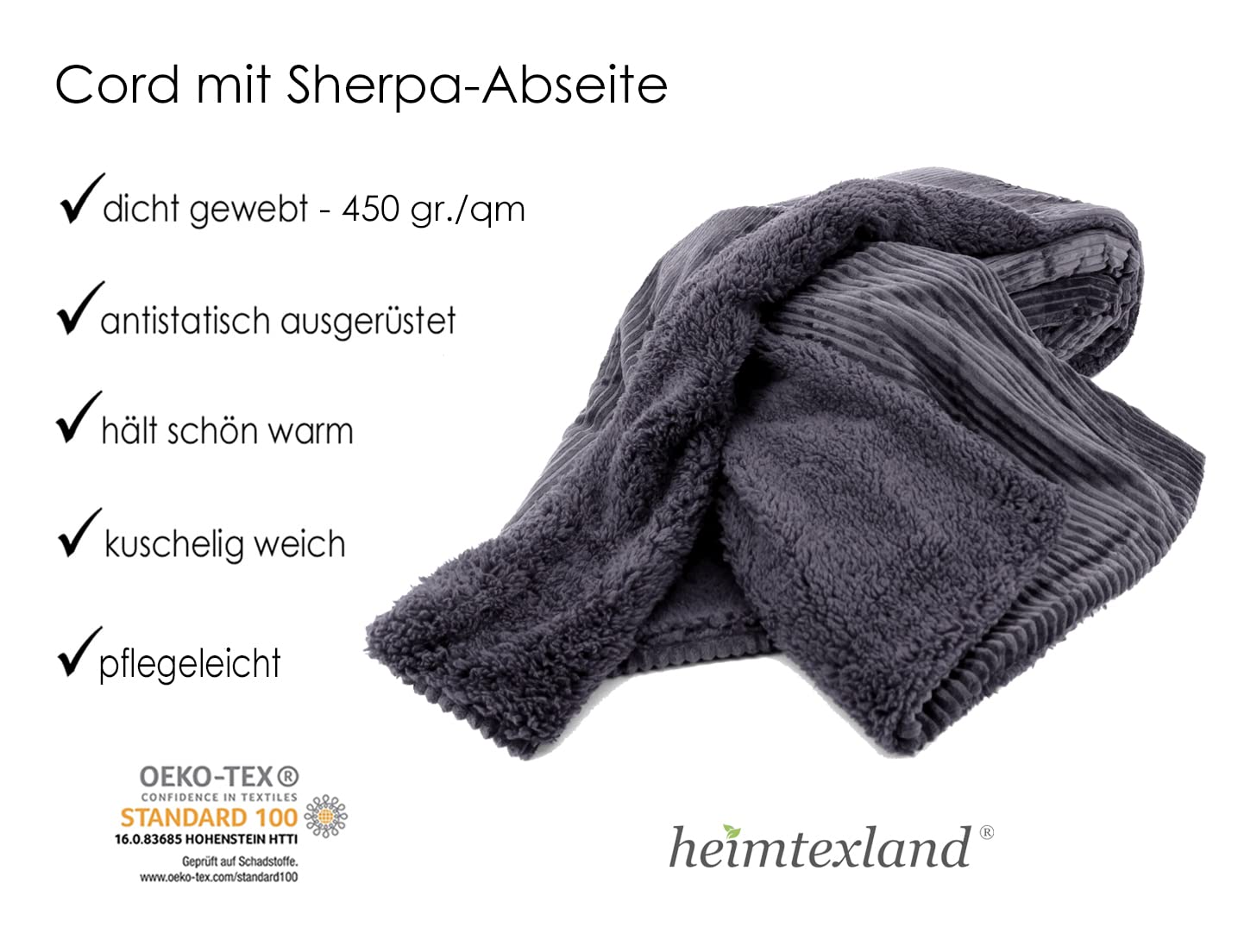heimtexland Typ767 Cord-Kuscheldecke 200x150 cm Anthrazit Sherpa