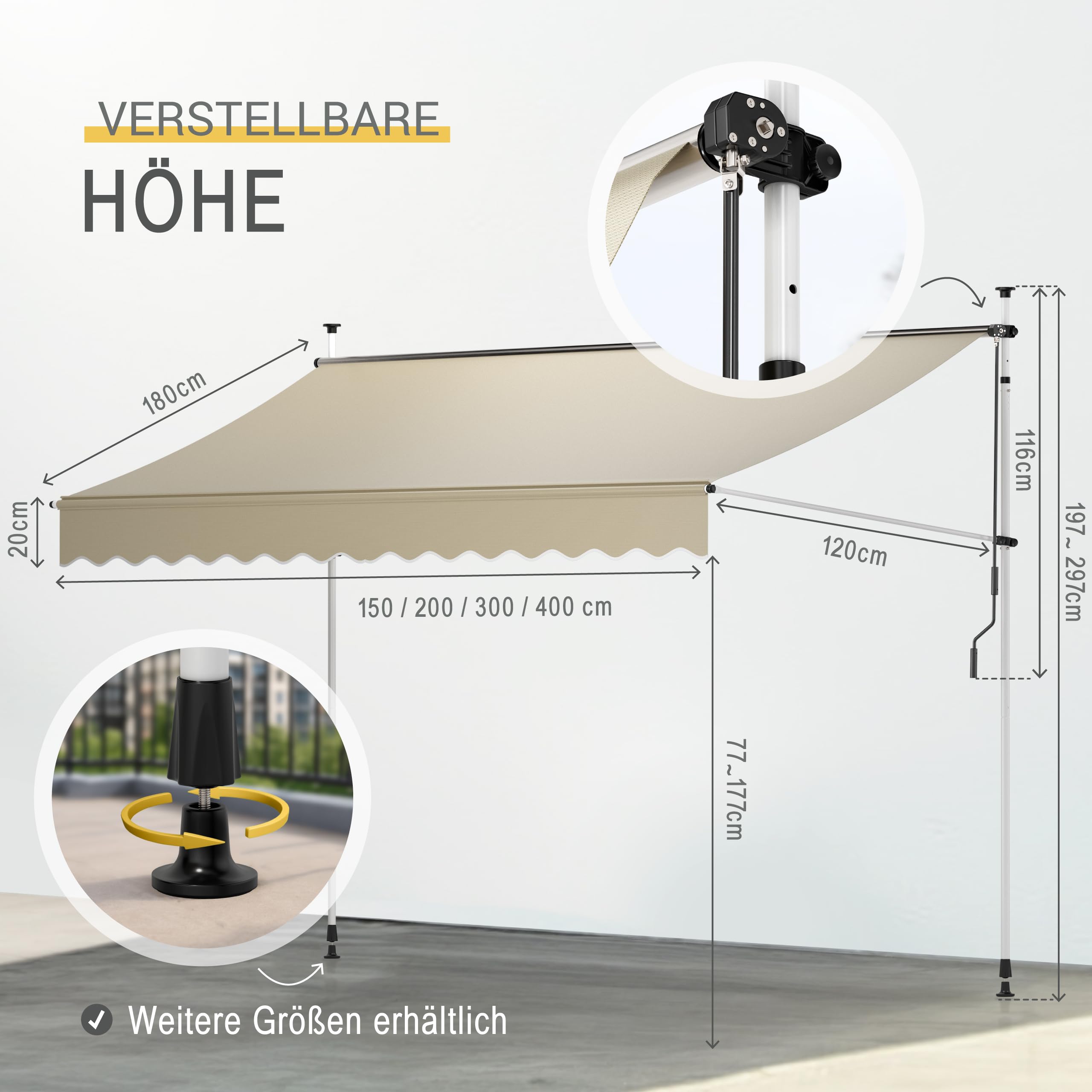 Sol Royal Klemmmarkise 300 cm Beige ohne Bohren Kurbel
