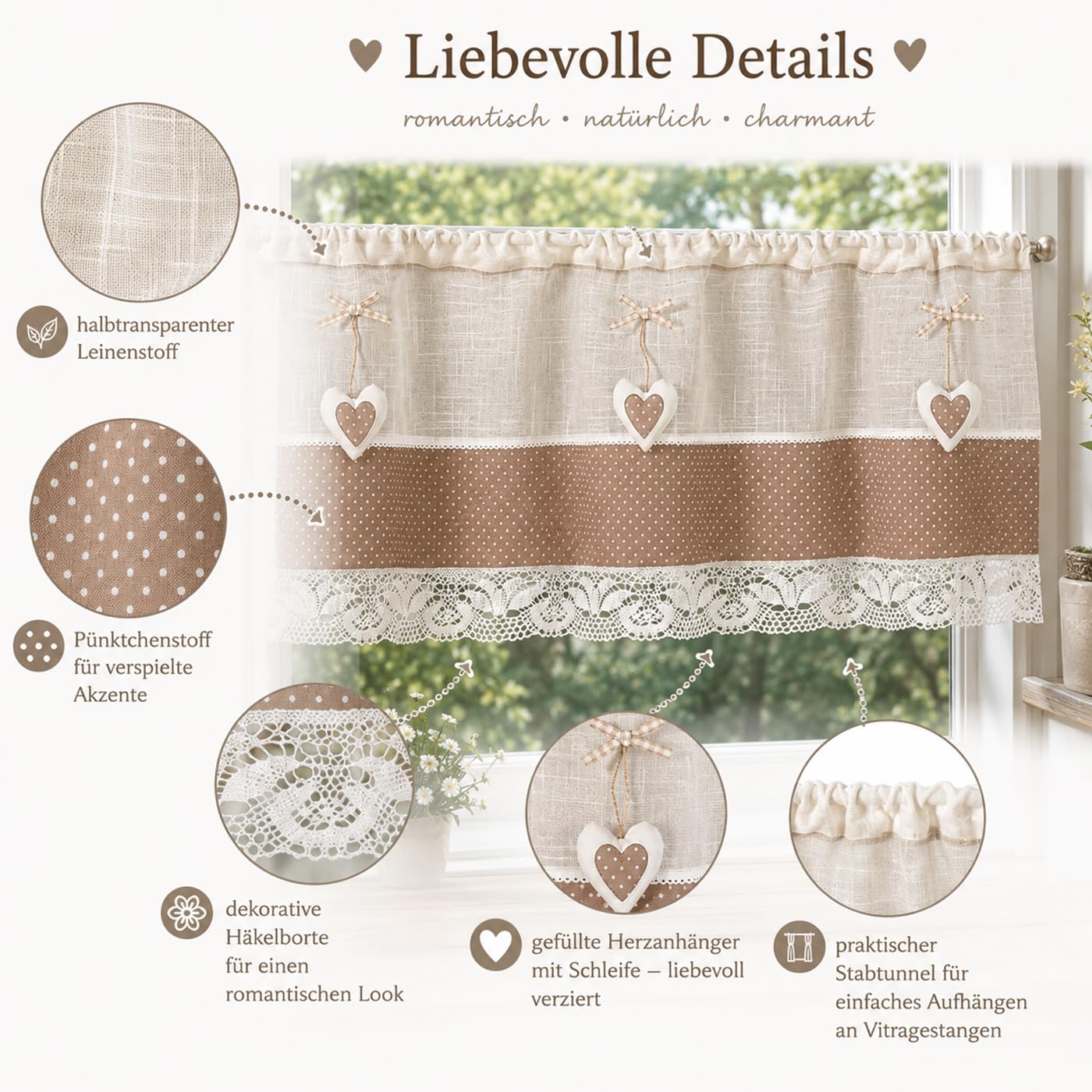 heimtexland Typ926 Scheibengardine 45x120 cm Herz Taupe