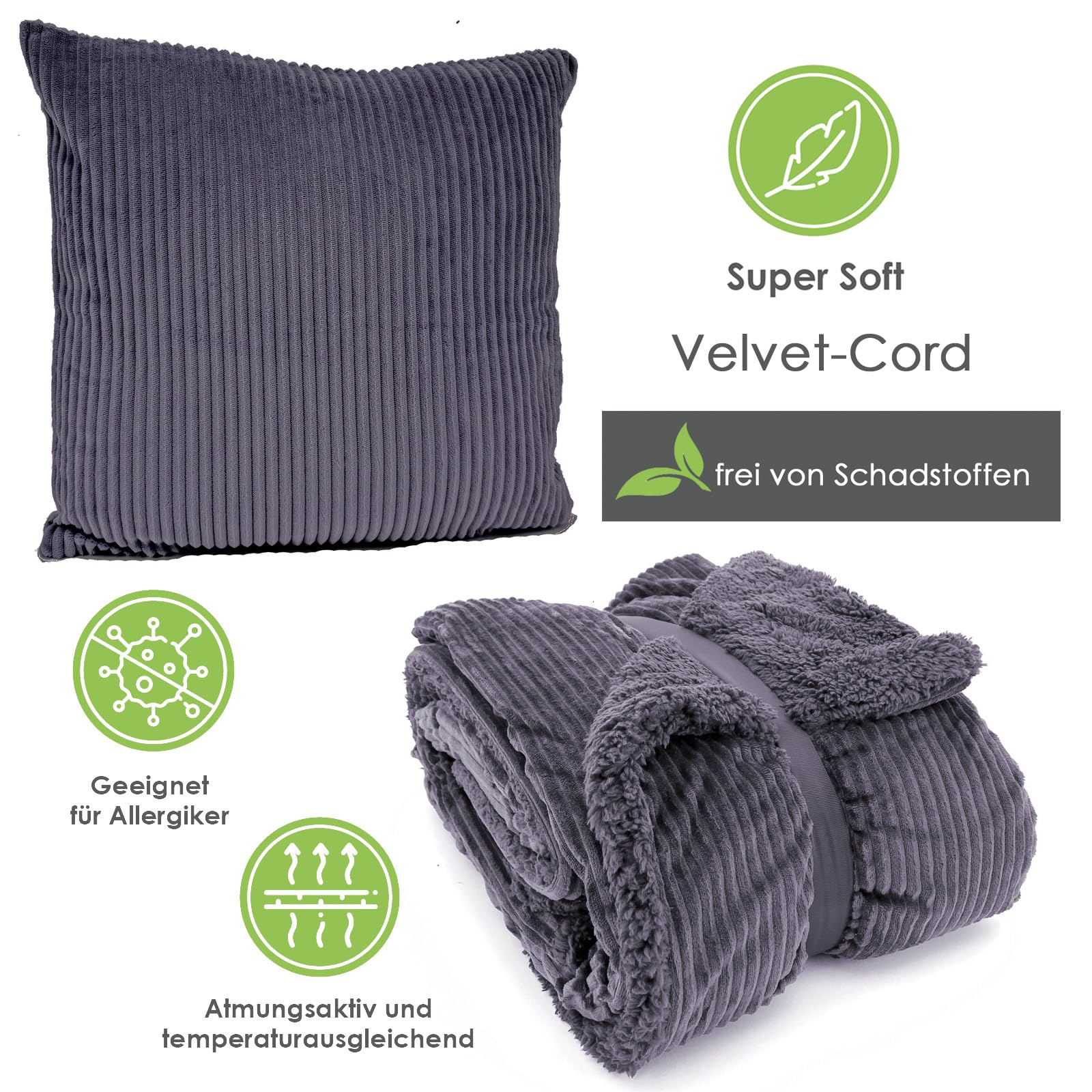 heimtexland Typ767 Cord-Kuscheldecke 200x150 cm Anthrazit Sherpa