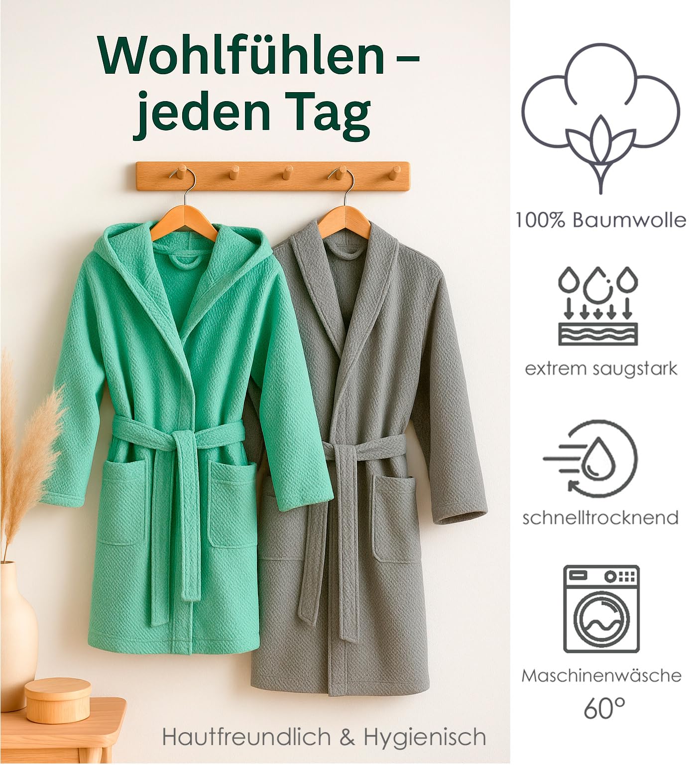 heimtexland Typ915 Bademantel S Grün Waffelpique Baumwolle