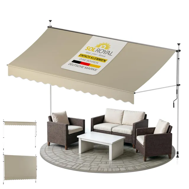 Sol Royal Klemmmarkise 300 cm Beige ohne Bohren Kurbel