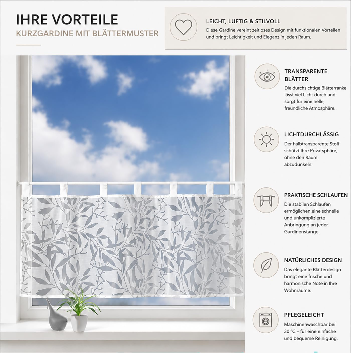 heimtexland Typ928 Scheibengardine 45x120 cm Natur Ranke