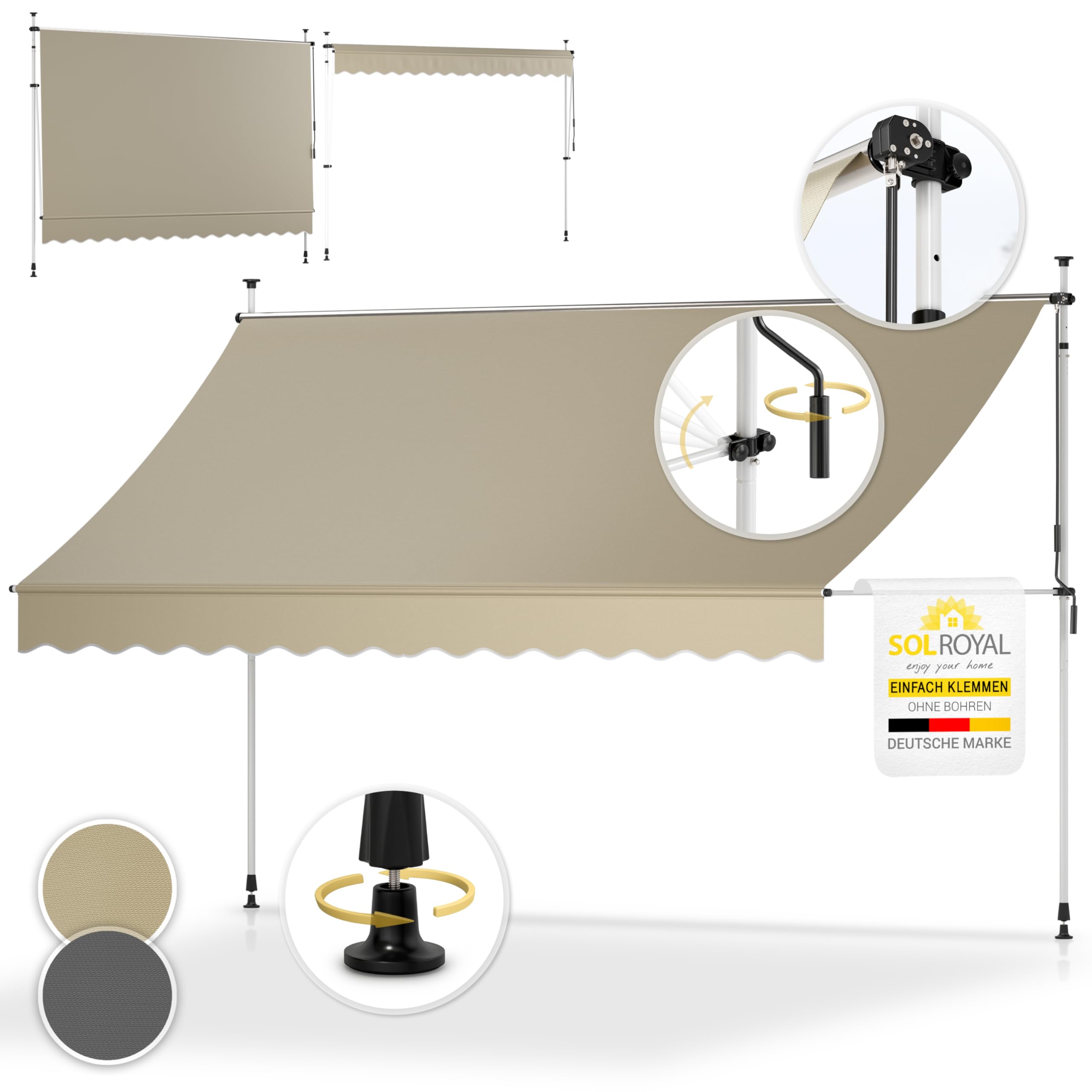 Sol Royal Klemmmarkise 300 cm Beige ohne Bohren Kurbel